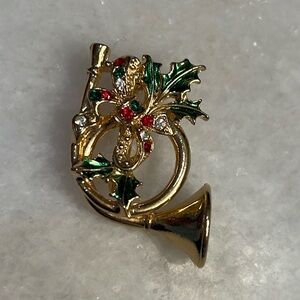Vintage Christmas Horn Brooch Pin signed Vante